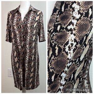 Studio One: button V neck 1/2 sleeve stretch knit snake print shirt dress M